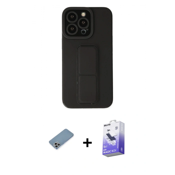 MARSİLYAN™- iPhone 13 Pro Max Kılıf Çekirdek Yansıma - Siyah Bilvis 5in1 5D Magic Hayalet Cam Ekran Koruyucu + Shine Kamera Lens Koruma Cam - GI
