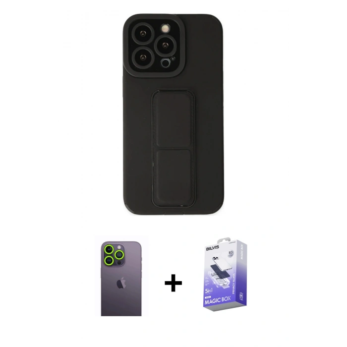 MARSİLYAN™- iPhone 13 Pro Max Kılıf Çekirdek Yansıma - Siyah Bilvis 5in1 5D Magic Hayalet Cam Ekran Koruyucu + Neon Fosforlu Kamera Lens - YL