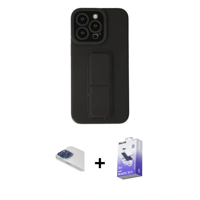MARSİLYAN™- iPhone 13 Pro Max Kılıf Çekirdek Yansıma - Siyah Bilvis 5in1 5D Magic Hayalet Cam Ekran Koruyucu + Pers Alüminyum Kamera Lens - LT