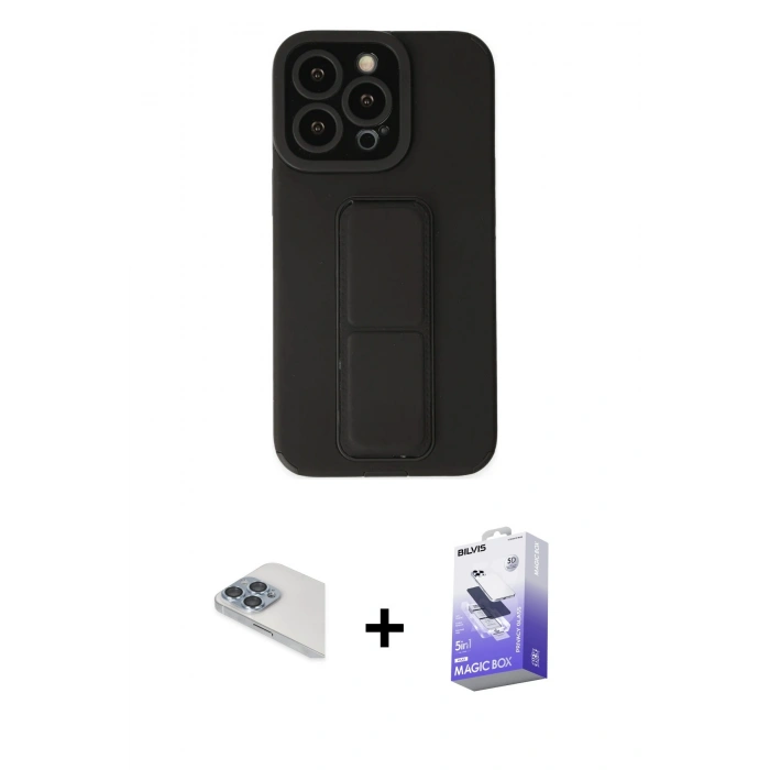 MARSİLYAN™- iPhone 13 Pro Max Kılıf Çekirdek Yansıma - Siyah Bilvis 5in1 5D Magic Hayalet Cam Ekran Koruyucu + Pers Alüminyum Kamera Lens - SABE