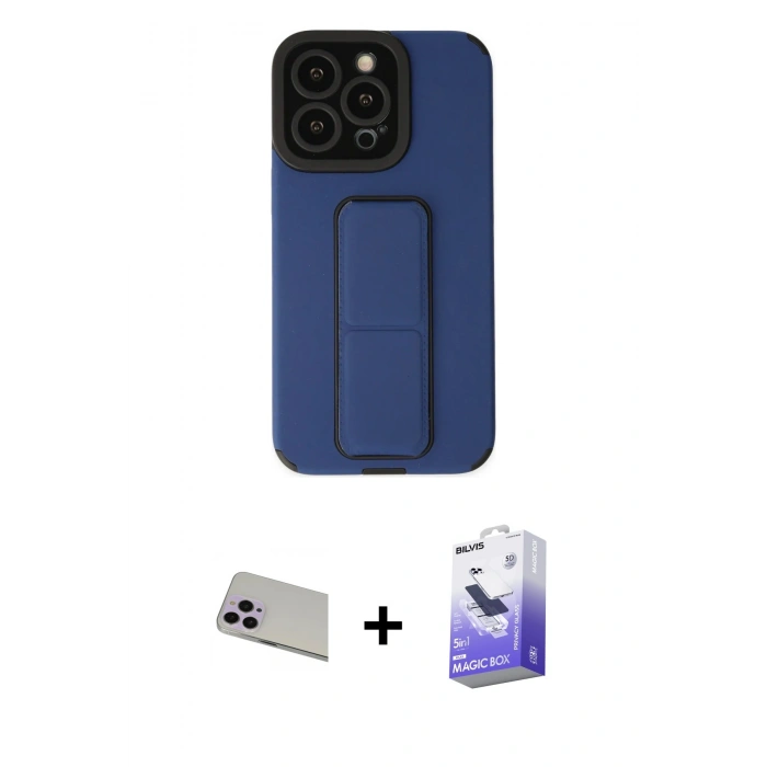 MARSİLYAN™- iPhone 13 Pro Max Kılıf Çekirdek Yansıma - Siyah Bilvis 5in1 5D Magic Hayalet Cam Ekran Koruyucu + Mor Rainbow Kamera Lens Koruma Cam