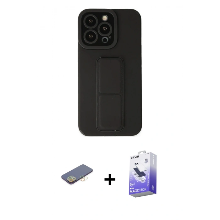 MARSİLYAN™- iPhone 13 Pro Max Kılıf Çekirdek Yansıma - Siyah Bilvis 5in1 5D Magic Hayalet Cam Ekran Koruyucu + Renkli Kamera Lens Koruma Cam - SI