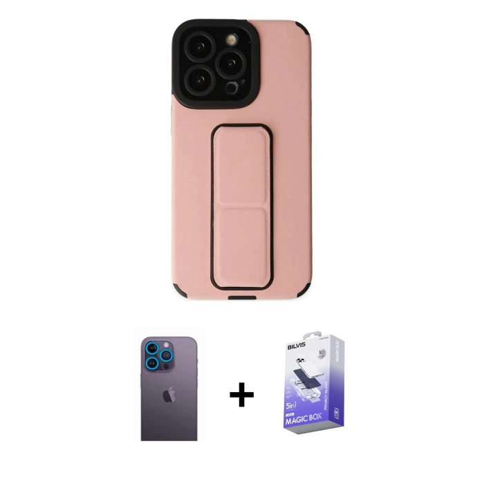 MARSİLYAN™- iPhone 13 Pro Max Kılıf Çekirdek Yansıma - Siyah Bilvis 5in1 5D Magic Hayalet Cam Ekran Koruyucu + Mavi Neon Fosforlu Kamera Lens