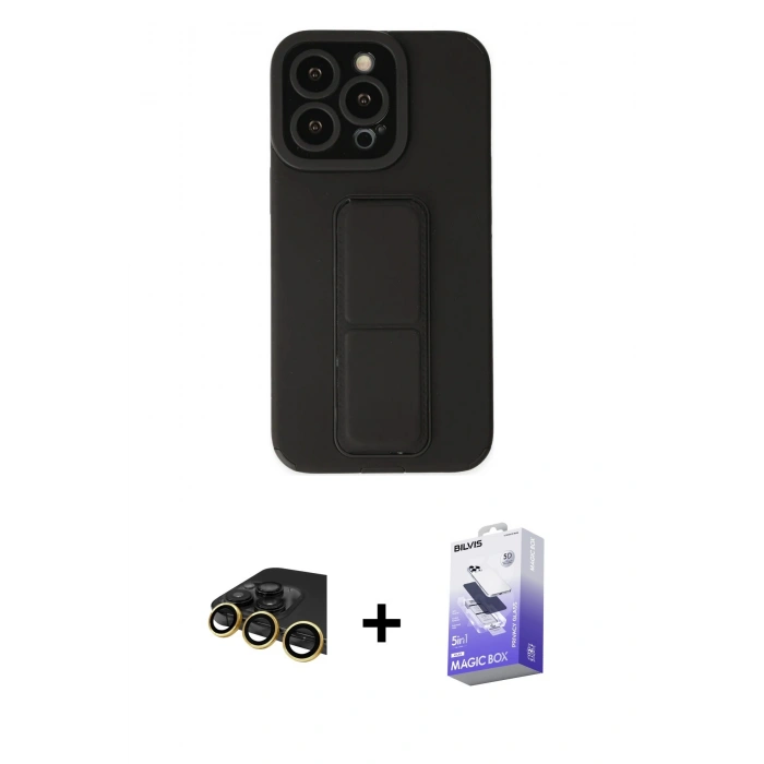 MARSİLYAN™- iPhone 13 Pro Max Kılıf Çekirdek Yansıma - Siyah Bilvis 5in1 5D Magic Hayalet Cam Ekran Koruyucu + Raze Metal Kamera Lens - GD