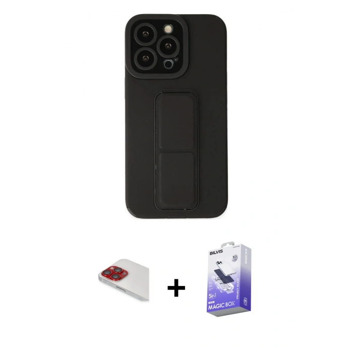 MARSİLYAN™- iPhone 13 Pro Max Kılıf Çekirdek Yansıma - Siyah Bilvis 5in1 5D Magic Hayalet Cam Ekran Koruyucu + Pers Alüminyum Kamera Lens - KI