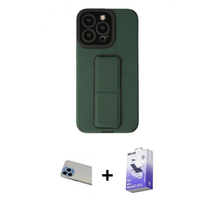 MARSİLYAN™- iPhone 13 Pro Max Kılıf Çekirdek Yansıma - Siyah Bilvis 5in1 5D Magic Hayalet Cam Ekran Koruyucu + Mavi Rainbow Kamera Lens Koruma Cam