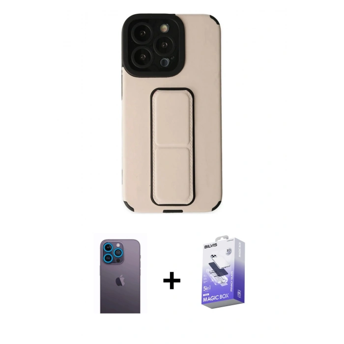 MARSİLYAN™- iPhone 13 Pro Max Kılıf Çekirdek Yansıma - Siyah Bilvis 5in1 5D Magic Hayalet Cam Ekran Koruyucu + Mavi Neon Fosforlu Kamera Lens
