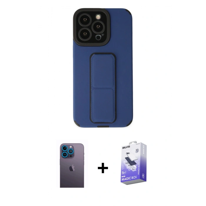 MARSİLYAN™- iPhone 13 Pro Max Kılıf Çekirdek Yansıma - Siyah Bilvis 5in1 5D Magic Hayalet Cam Ekran Koruyucu + Mavi Neon Fosforlu Kamera Lens