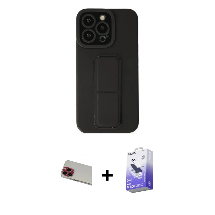 MARSİLYAN™- iPhone 13 Pro Max Kılıf Çekirdek Yansıma - Siyah Bilvis 5in1 5D Magic Hayalet Cam Ekran Koruyucu + Rainbow Kamera Lens Koruma Cam - KI