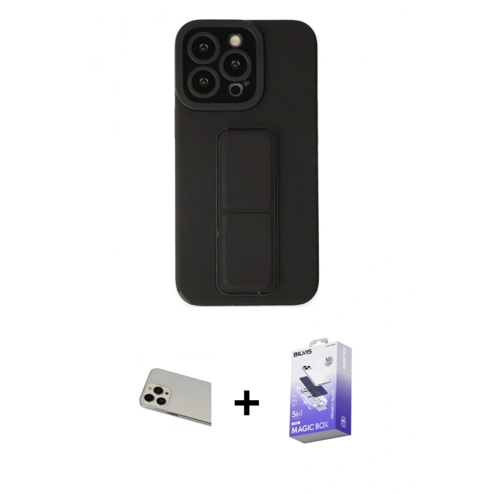 MARSİLYAN™- iPhone 13 Pro Max Kılıf Çekirdek Yansıma - Siyah Bilvis 5in1 5D Magic Hayalet Cam Ekran Koruyucu + Rose Gold Rainbow Kamera Lens Koruma Cam