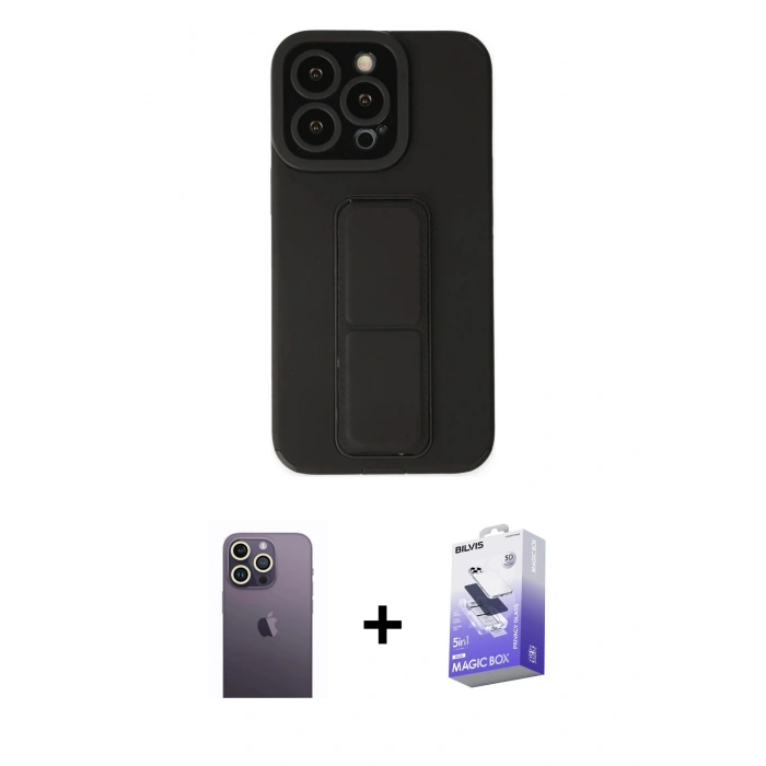 MARSİLYAN™- iPhone 13 Pro Max Kılıf Çekirdek Yansıma - Siyah Bilvis 5in1 5D Magic Hayalet Cam Ekran Koruyucu + Neon Fosforlu Kamera Lens - BZ