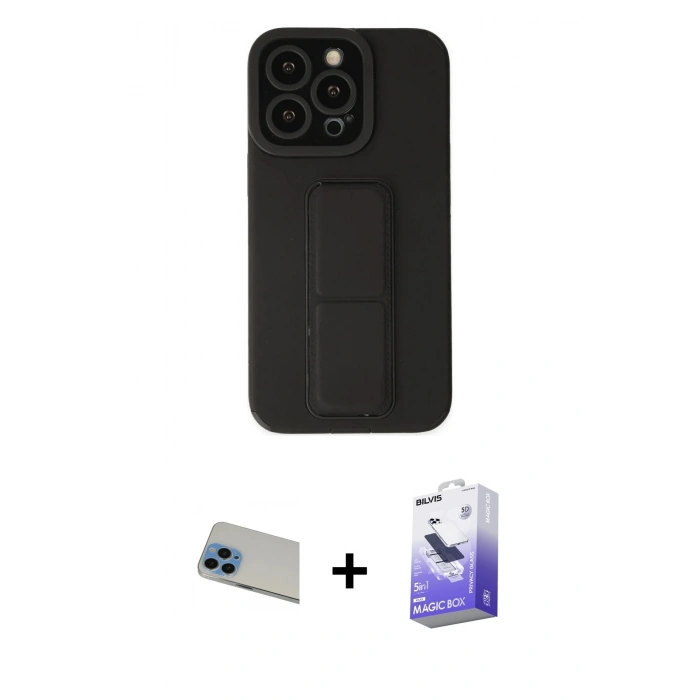 MARSİLYAN™- iPhone 13 Pro Max Kılıf Çekirdek Yansıma - Siyah Bilvis 5in1 5D Magic Hayalet Cam Ekran Koruyucu + Mavi Rainbow Kamera Lens Koruma Cam