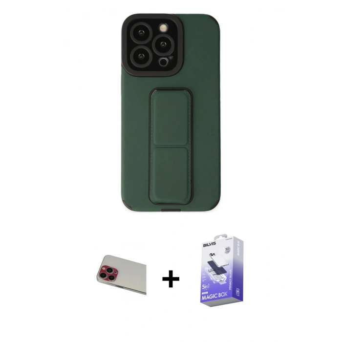 MARSİLYAN™- iPhone 13 Pro Max Kılıf Çekirdek Yansıma - Siyah Bilvis 5in1 5D Magic Hayalet Cam Ekran Koruyucu + Rainbow Kamera Lens Koruma Cam - KI