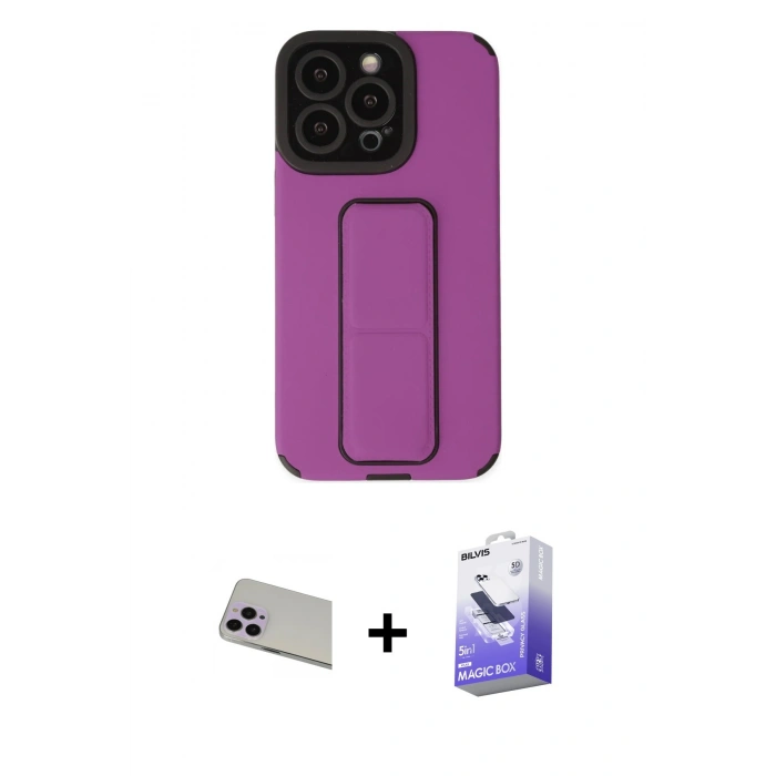 MARSİLYAN™- iPhone 13 Pro Max Kılıf Çekirdek Yansıma - Siyah Bilvis 5in1 5D Magic Hayalet Cam Ekran Koruyucu + Mor Rainbow Kamera Lens Koruma Cam