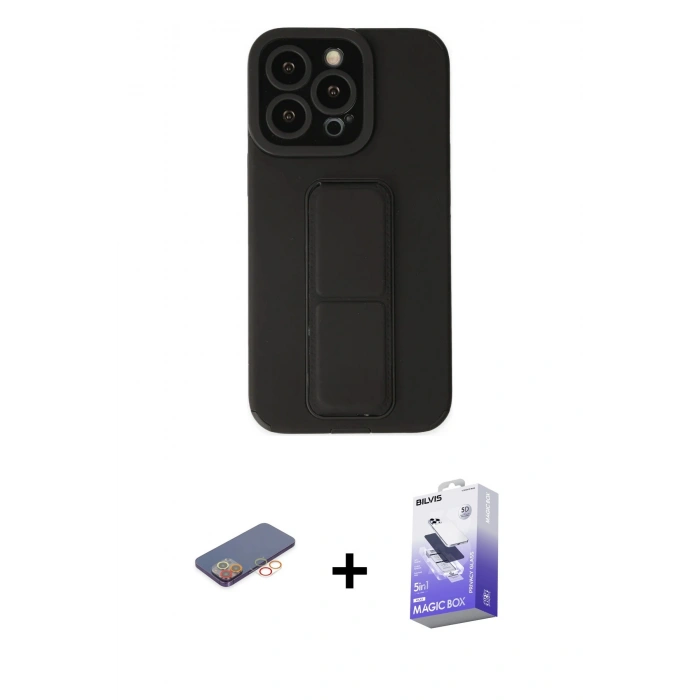MARSİLYAN™- iPhone 13 Pro Max Kılıf Çekirdek Yansıma - Siyah Bilvis 5in1 5D Magic Hayalet Cam Ekran Koruyucu + Renkli Kamera Lens Koruma Cam - TU