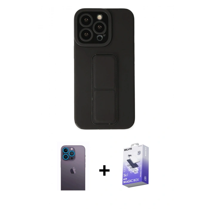 MARSİLYAN™- iPhone 13 Pro Max Kılıf Çekirdek Yansıma - Siyah Bilvis 5in1 5D Magic Hayalet Cam Ekran Koruyucu + Mavi Neon Fosforlu Kamera Lens