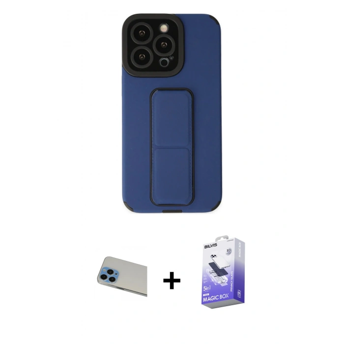 MARSİLYAN™- iPhone 13 Pro Max Kılıf Çekirdek Yansıma - Siyah Bilvis 5in1 5D Magic Hayalet Cam Ekran Koruyucu + Mavi Rainbow Kamera Lens Koruma Cam