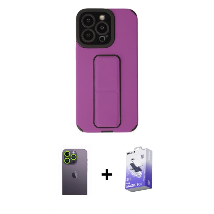 MARSİLYAN™- iPhone 13 Pro Max Kılıf Çekirdek Yansıma - Siyah Bilvis 5in1 5D Magic Hayalet Cam Ekran Koruyucu + Neon Fosforlu Kamera Lens - YL