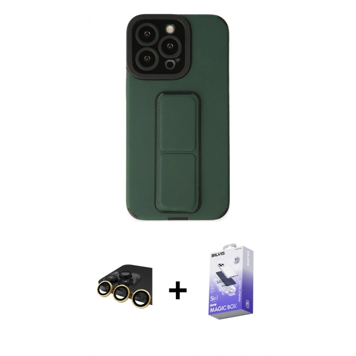 MARSİLYAN™- iPhone 13 Pro Max Kılıf Çekirdek Yansıma - Siyah Bilvis 5in1 5D Magic Hayalet Cam Ekran Koruyucu + Raze Metal Kamera Lens - GD