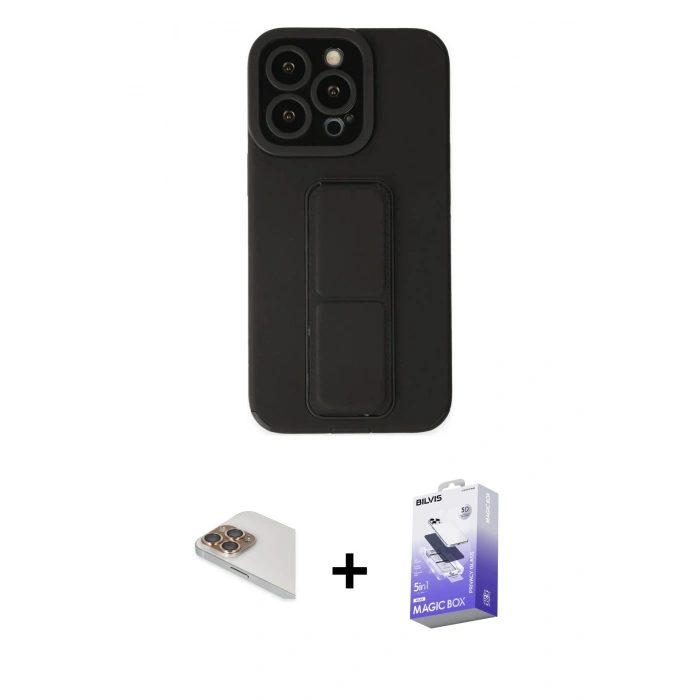 MARSİLYAN™- iPhone 13 Pro Max Kılıf Çekirdek Yansıma - Siyah Bilvis 5in1 5D Magic Hayalet Cam Ekran Koruyucu + Pers Alüminyum Kamera Lens - GD