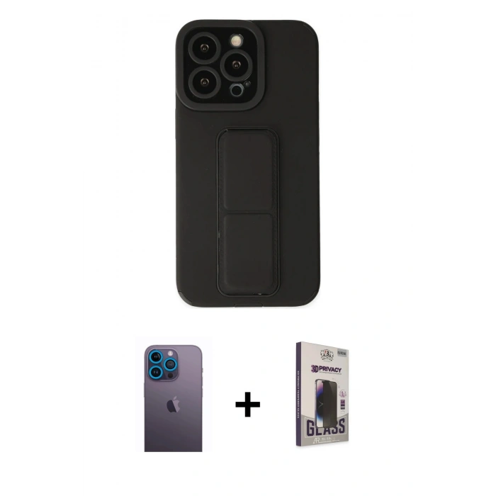 MARSİLYAN™- iPhone 13 Pro Max Kılıf Çekirdek Yansıma - Siyah Bilvis Hayalet Cam Ekran Koruyucu + Mavi Neon Fosforlu Kamera Lens