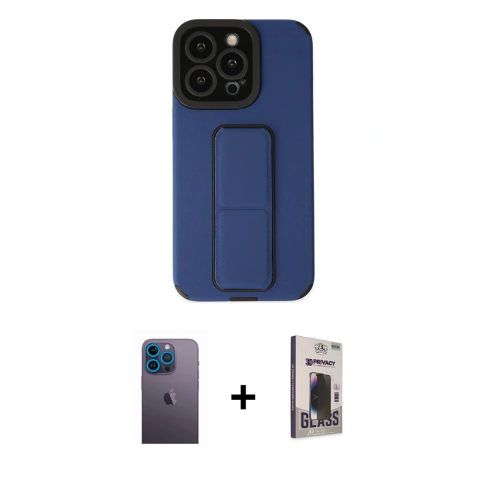 MARSİLYAN™- iPhone 13 Pro Max Kılıf Çekirdek Yansıma - Siyah Bilvis Hayalet Cam Ekran Koruyucu + Mavi Neon Fosforlu Kamera Lens