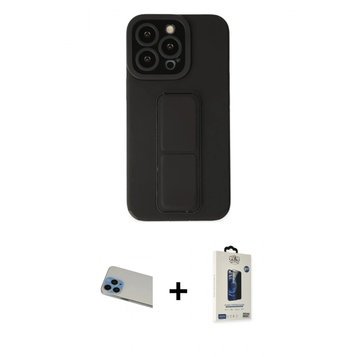 MARSİLYAN™- iPhone 13 Pro Max Kılıf Çekirdek Yansıma - Siyah Bilvis Hayalet Cam Ekran Koruyucu + Rainbow Kamera Lens Koruma Cam - MI