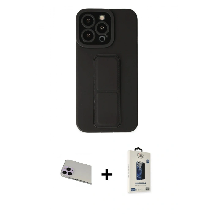 MARSİLYAN™- iPhone 13 Pro Max Kılıf Çekirdek Yansıma - Siyah Bilvis Hayalet Cam Ekran Koruyucu + Rainbow Kamera Lens Koruma Cam - MR