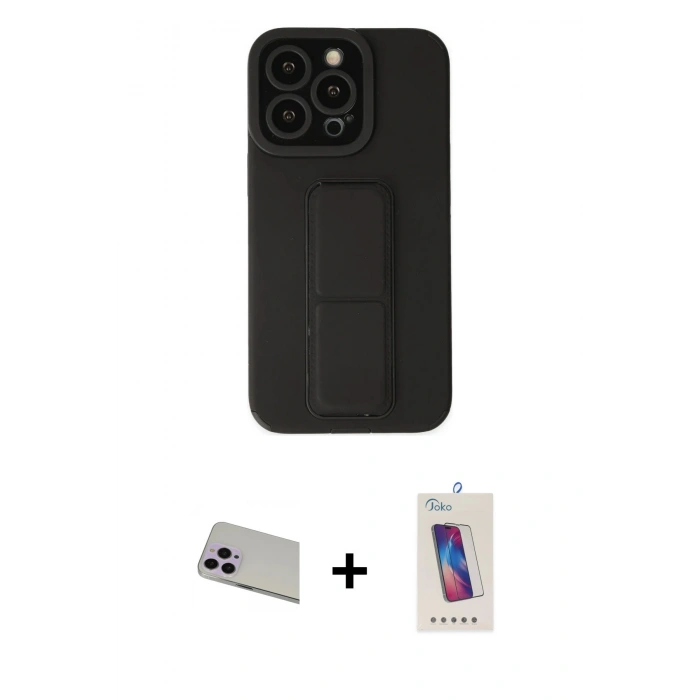 MARSİLYAN™- iPhone 13 Pro Max Kılıf Çekirdek Yansıma - Siyah Joko 5D Cam + Rainbow Kamera Lens Koruma Cam - MR