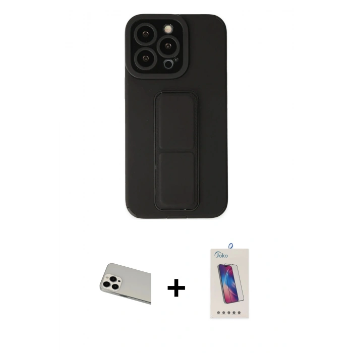 MARSİLYAN™- iPhone 13 Pro Max Kılıf Çekirdek Yansıma - Siyah Joko 5D Cam + Rainbow Kamera Lens Koruma Cam - BZ
