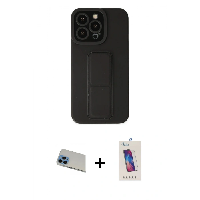 MARSİLYAN™- iPhone 13 Pro Max Kılıf Çekirdek Yansıma - Siyah Joko 5D Cam + Rainbow Kamera Lens Koruma Cam - MI