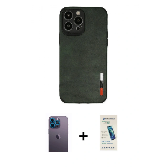 MARSİLYAN™- iPhone 13 Pro Max Kılıf Doruk Asil Koleksiyonu - Şeffaf Pasifik Cam Ekran Koruyucu + Mavi Neon Fosforlu Kamera Lens