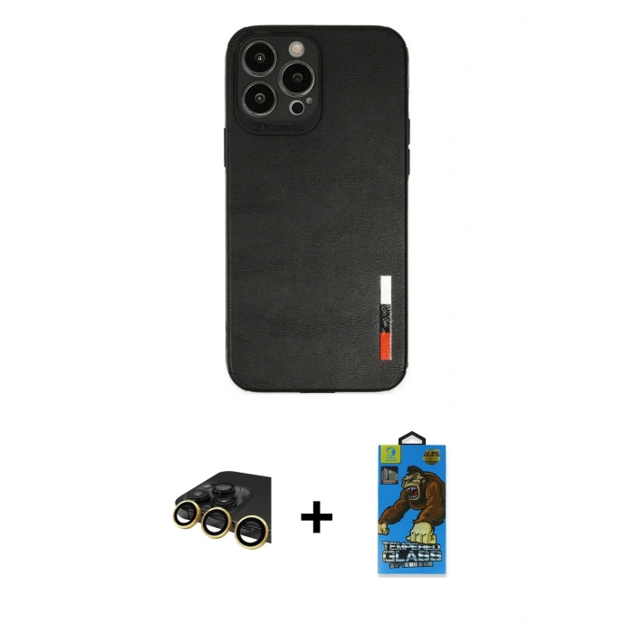 MARSİLYAN™- iPhone 13 Pro Max Kılıf Doruk Asil Koleksiyonu - Siyah 18D Cam Ekran Koruyucu + Raze Metal Kamera Lens - GD