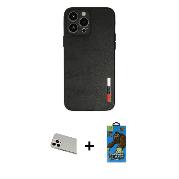 MARSİLYAN™- iPhone 13 Pro Max Kılıf Doruk Asil Koleksiyonu - Siyah 18D Cam Ekran Koruyucu + Rainbow Kamera Lens Koruma Cam - BZ