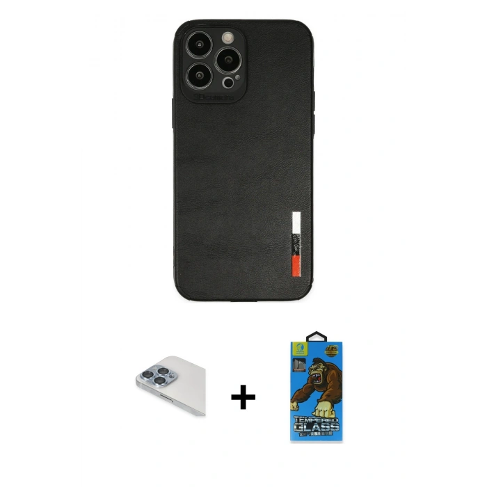 MARSİLYAN™- iPhone 13 Pro Max Kılıf Doruk Asil Koleksiyonu - Siyah 18D Cam Ekran Koruyucu + Pers Alüminyum Kamera Lens - SABE