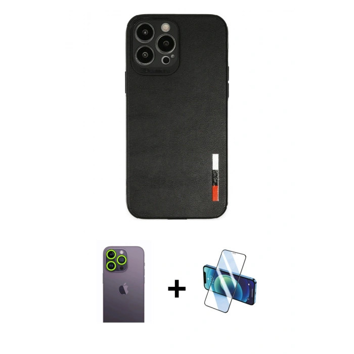 MARSİLYAN™- iPhone 13 Pro Max Kılıf Doruk Asil Koleksiyonu - Siyah 3D Antistatik Cam Ekran Koruyucu + Neon Fosforlu Kamera Lens - YL