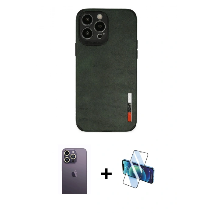 MARSİLYAN™- iPhone 13 Pro Max Kılıf Doruk Asil Koleksiyonu - Siyah 3D Antistatik Cam Ekran Koruyucu + Neon Fosforlu Kamera Lens - BZ