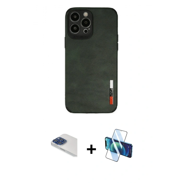 MARSİLYAN™- iPhone 13 Pro Max Kılıf Doruk Asil Koleksiyonu - Siyah 3D Antistatik Cam Ekran Koruyucu + Pers Alüminyum Kamera Lens - LT