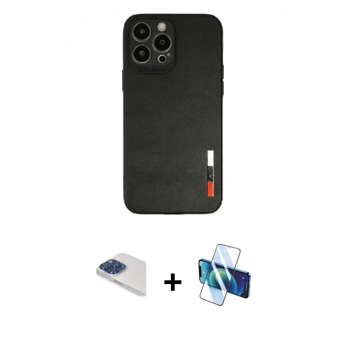 MARSİLYAN™- iPhone 13 Pro Max Kılıf Doruk Asil Koleksiyonu - Siyah 3D Antistatik Cam Ekran Koruyucu + Pers Alüminyum Kamera Lens - LT