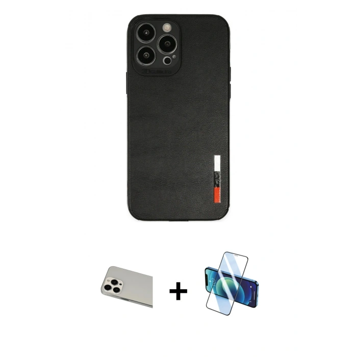 MARSİLYAN™- iPhone 13 Pro Max Kılıf Doruk Asil Koleksiyonu - Siyah 3D Antistatik Cam Ekran Koruyucu + Rainbow Kamera Lens Koruma Cam - BZ