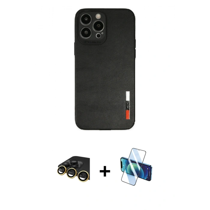 MARSİLYAN™- iPhone 13 Pro Max Kılıf Doruk Asil Koleksiyonu - Siyah 3D Antistatik Cam Ekran Koruyucu + Raze Metal Kamera Lens - GD