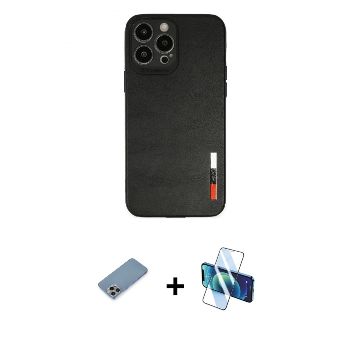 MARSİLYAN™- iPhone 13 Pro Max Kılıf Doruk Asil Koleksiyonu - Siyah 3D Antistatik Cam Ekran Koruyucu + Shine Kamera Lens Koruma Cam - GI