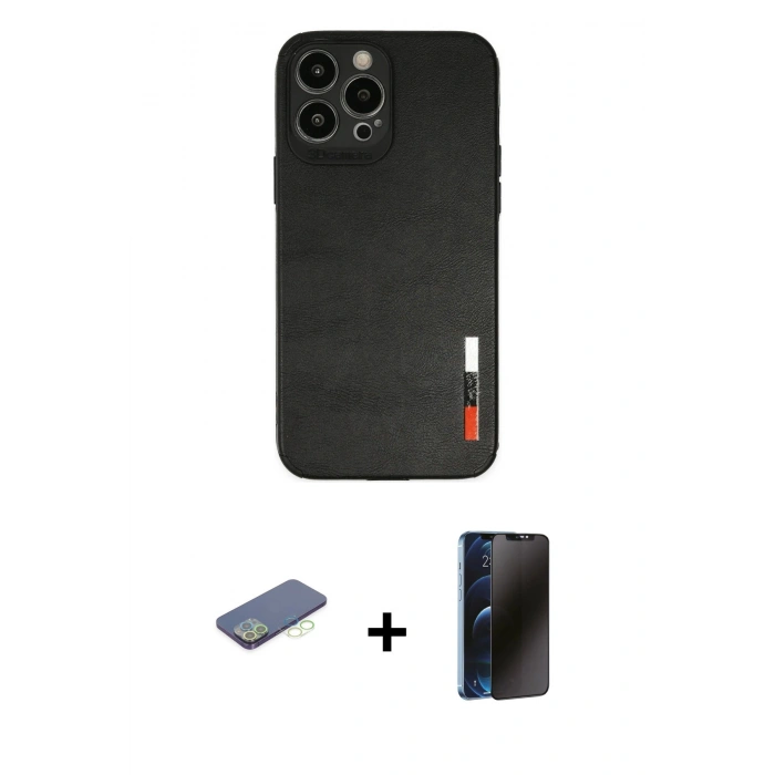 MARSİLYAN™- iPhone 13 Pro Max Kılıf Doruk Asil Koleksiyonu - Siyah 3D Antistatik Hayalet Cam Ekran Koruyucu + Renkli Kamera Lens Koruma Cam - YL