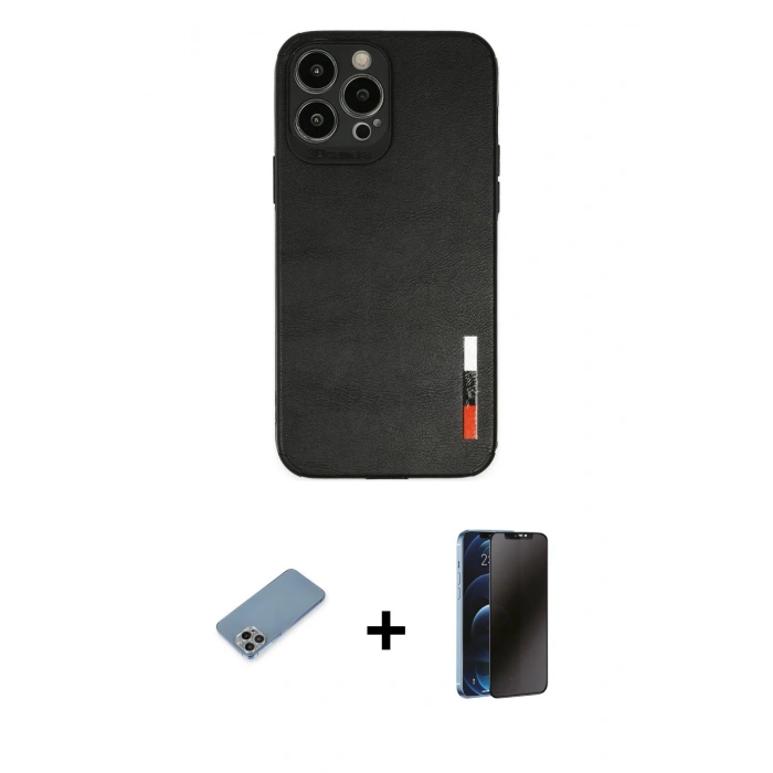 MARSİLYAN™- iPhone 13 Pro Max Kılıf Doruk Asil Koleksiyonu - Siyah 3D Antistatik Hayalet Cam Ekran Koruyucu + Shine Kamera Lens Koruma Cam - GI