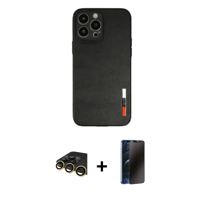 MARSİLYAN™- iPhone 13 Pro Max Kılıf Doruk Asil Koleksiyonu - Siyah 3D Antistatik Hayalet Cam Ekran Koruyucu + Raze Metal Kamera Lens - GD