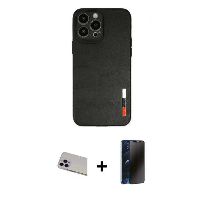 MARSİLYAN™- iPhone 13 Pro Max Kılıf Doruk Asil Koleksiyonu - Siyah 3D Antistatik Hayalet Cam Ekran Koruyucu + Rainbow Kamera Lens Koruma Cam - MR