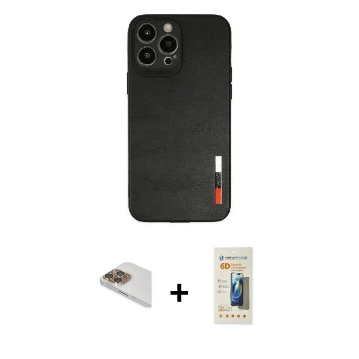 MARSİLYAN™- iPhone 13 Pro Max Kılıf Doruk Asil Koleksiyonu - Siyah 6D Mat Seramik Hayalet Nano Ekran Koruyucu + Gold Pers Alüminyum Kamera Lens
