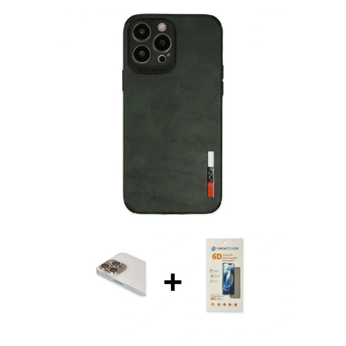 MARSİLYAN™- iPhone 13 Pro Max Kılıf Doruk Asil Koleksiyonu - Siyah 6D Mat Seramik Hayalet Nano Ekran Koruyucu + Gold Pers Alüminyum Kamera Lens
