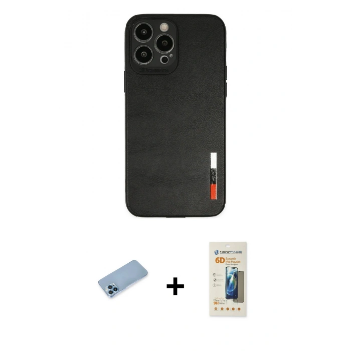 MARSİLYAN™- iPhone 13 Pro Max Kılıf Doruk Asil Koleksiyonu - Siyah 6D Mat Seramik Hayalet Nano Ekran Koruyucu + Shine Kamera Lens Koruma Cam - MI