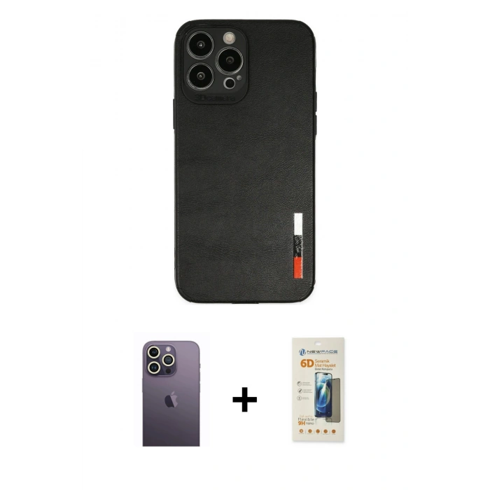 MARSİLYAN™- iPhone 13 Pro Max Kılıf Doruk Asil Koleksiyonu - Siyah 6D Mat Seramik Hayalet Nano Ekran Koruyucu + Neon Fosforlu Kamera Lens - BZ